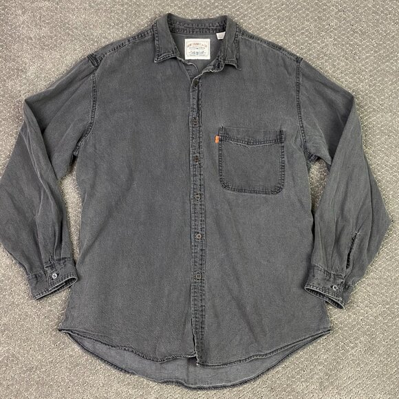 Vintage 90s Levi's Denim Shirt Men's Large Black Orange Tab Chambray Button Up - Picture 1 of 13